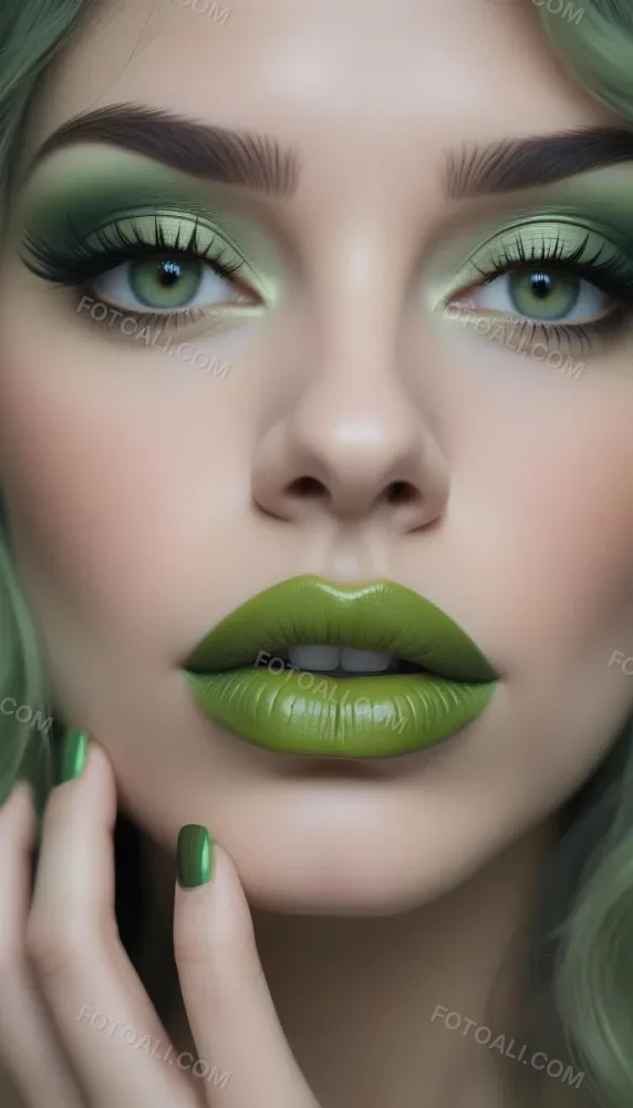 A Close Up Portrait Of A Woman With Green Lips And Long Eyelashes Against A Blurred Background 22 C416