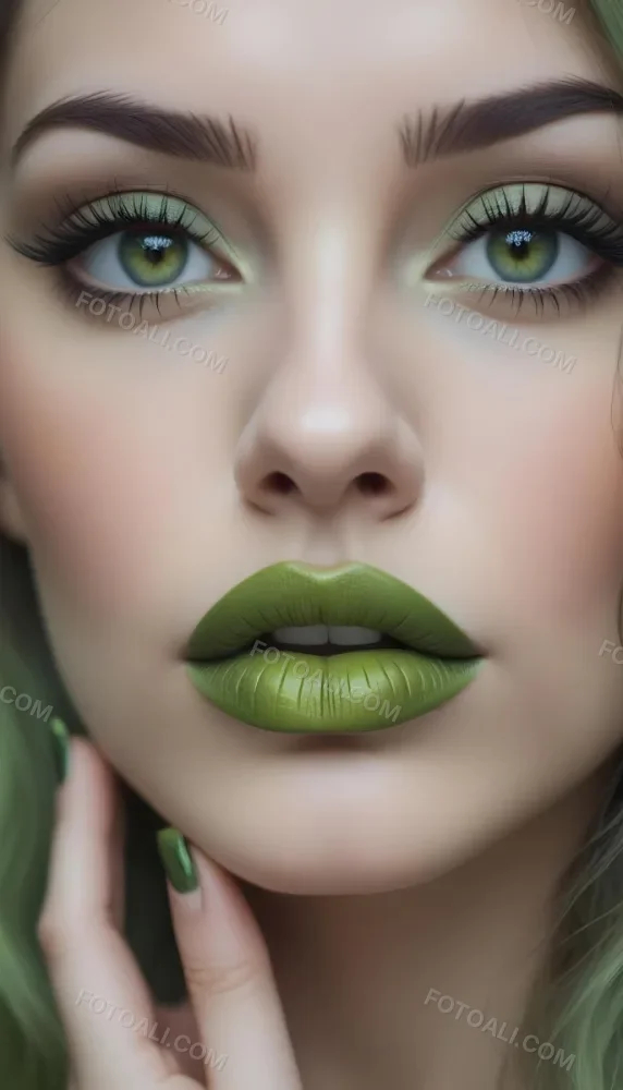 A Close Up Portrait Of A Woman With Green Lips And Long Eyelashes Against A Blurred Background 23 6eb7