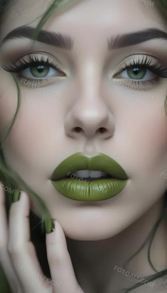 A Close Up Portrait Of A Woman With Green Lips And Long Eyelashes Against A Blurred Background 3 44a3