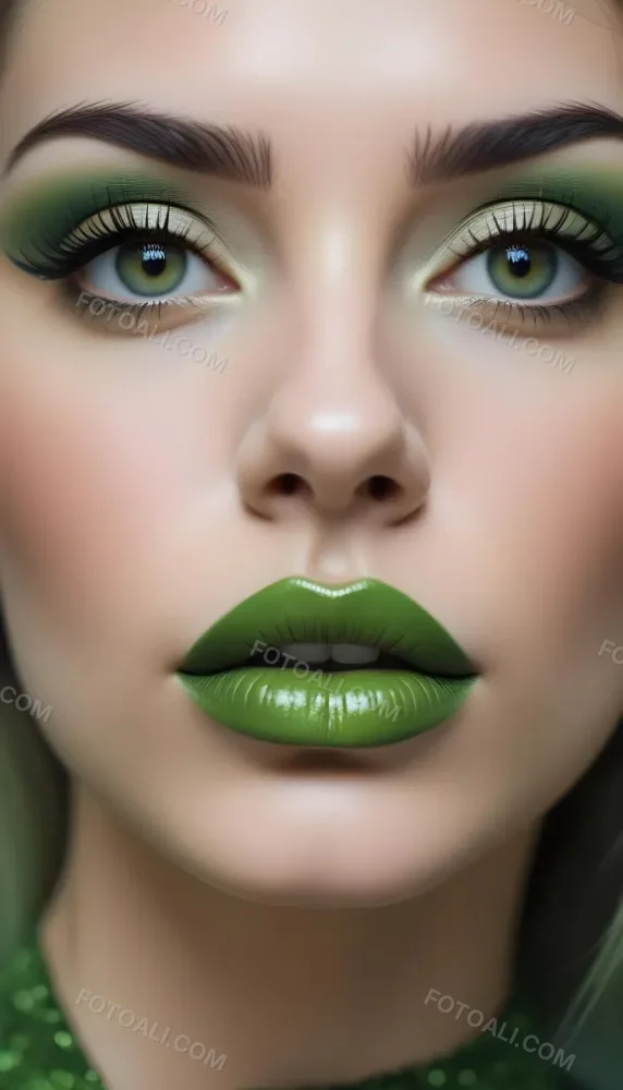 A Close Up Portrait Of A Woman With Green Lips And Long Eyelashes Against A Blurred Background 30 D503