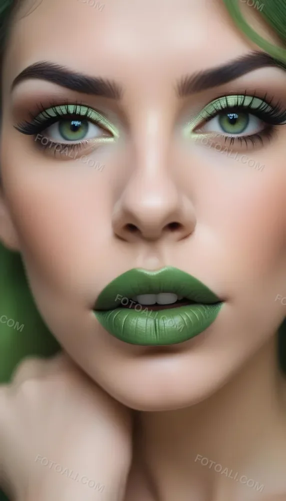 A Close Up Portrait Of A Woman With Green Lips And Long Eyelashes Against A Blurred Background 34 9261