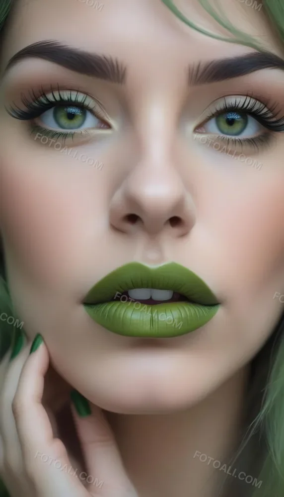 A Close Up Portrait Of A Woman With Green Lips And Long Eyelashes Against A Blurred Background 4 6025