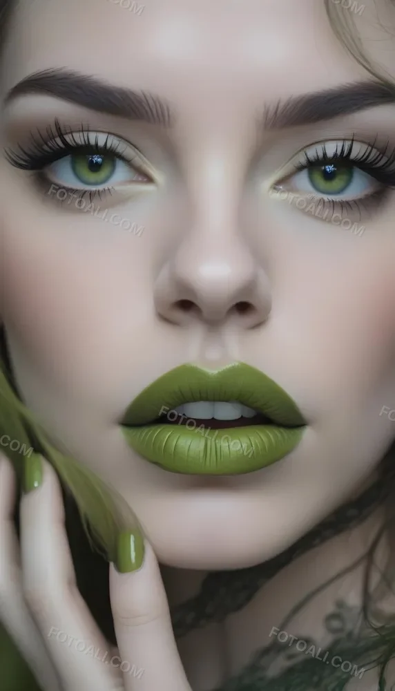 A Close Up Portrait Of A Woman With Green Lips And Long Eyelashes Against A Blurred Background 7 09ba