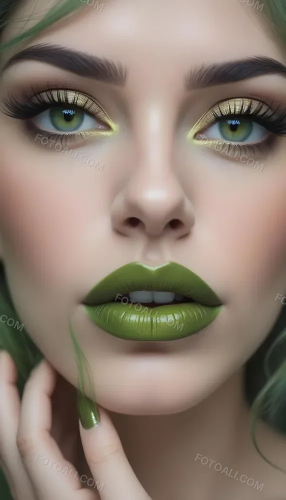 A Close Up Portrait Of A Woman With Green Lips And Long Eyelashes Against A Blurred Background 9 D9d6
