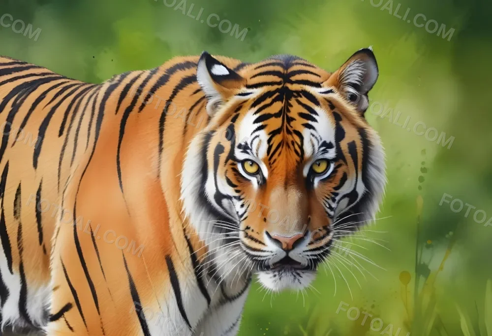 A Close Up Portrait Of An Adult Bengal Tiger With Striking Orange And Black Striped Fur Piercing Yellow Eyes And A Powerful Expression Against A Blurred Green Natural Background 23 6407