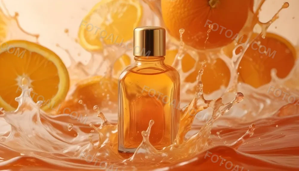 A Close Up Shot Of An Orange Glass Bottle With A Gold Cap Surrounded By Orange And Yellow Splashes Of Liquid Against A Blurred Orange Background 1 19b0