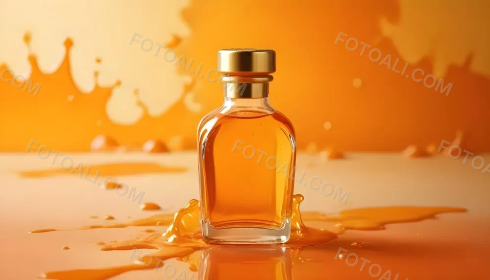 A Close Up Shot Of An Orange Glass Bottle With A Gold Cap Surrounded By Orange And Yellow Splashes Of Liquid Against A Blurred Orange Background 18 49e6