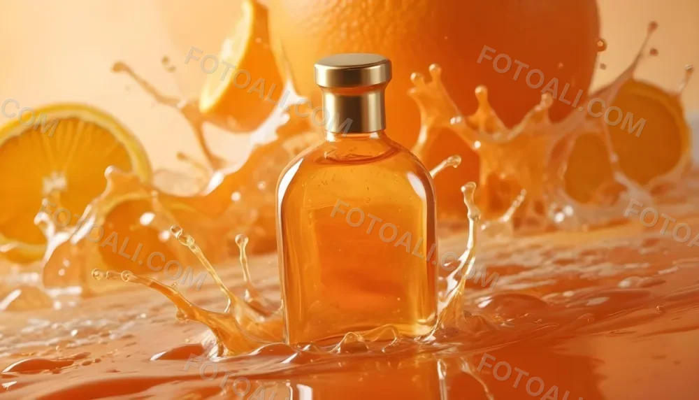 A Close Up Shot Of An Orange Glass Bottle With A Gold Cap Surrounded By Orange And Yellow Splashes Of Liquid Against A Blurred Orange Background 19 9b2b