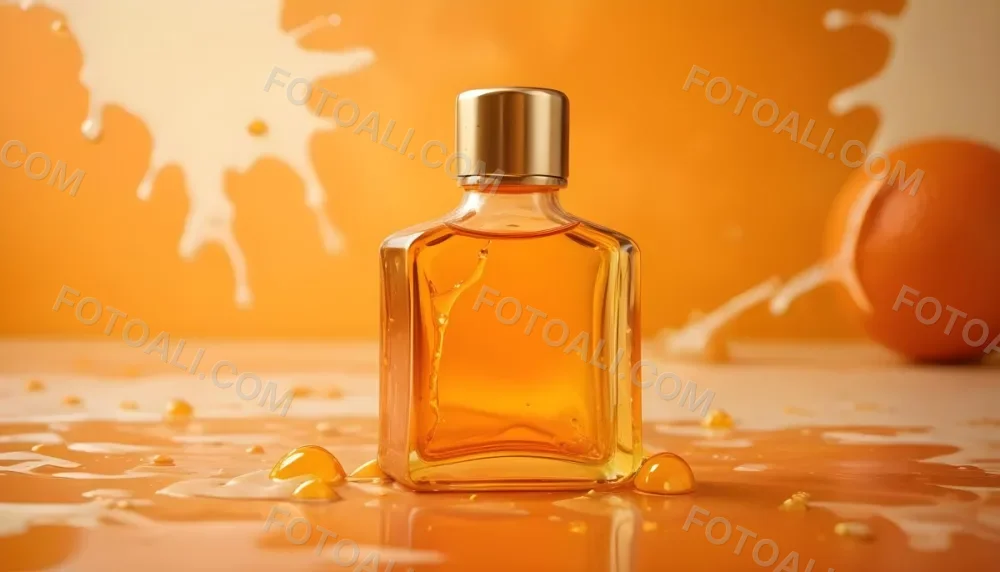 A Close Up Shot Of An Orange Glass Bottle With A Gold Cap Surrounded By Orange And Yellow Splashes Of Liquid Against A Blurred Orange Background 2 9f12