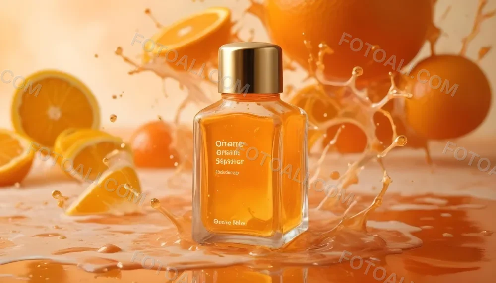 A Close Up Shot Of An Orange Glass Bottle With A Gold Cap Surrounded By Orange And Yellow Splashes Of Liquid Against A Blurred Orange Background 22 E6b6