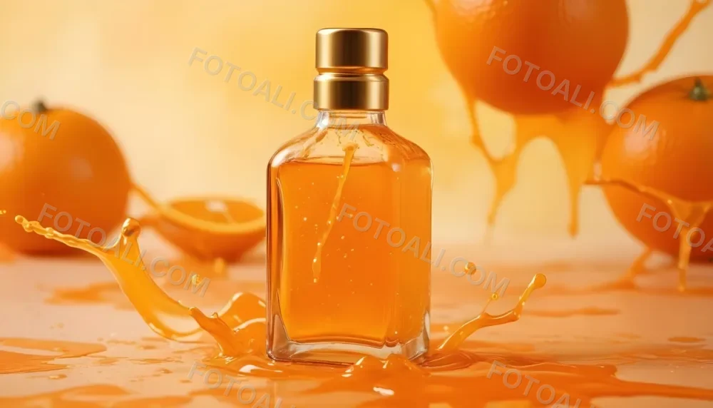 A Close Up Shot Of An Orange Glass Bottle With A Gold Cap Surrounded By Orange And Yellow Splashes Of Liquid Against A Blurred Orange Background 4 2686