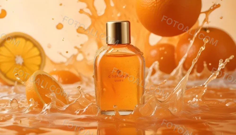 A Close Up Shot Of An Orange Glass Bottle With A Gold Cap Surrounded By Orange And Yellow Splashes Of Liquid Against A Blurred Orange Background 6 1695