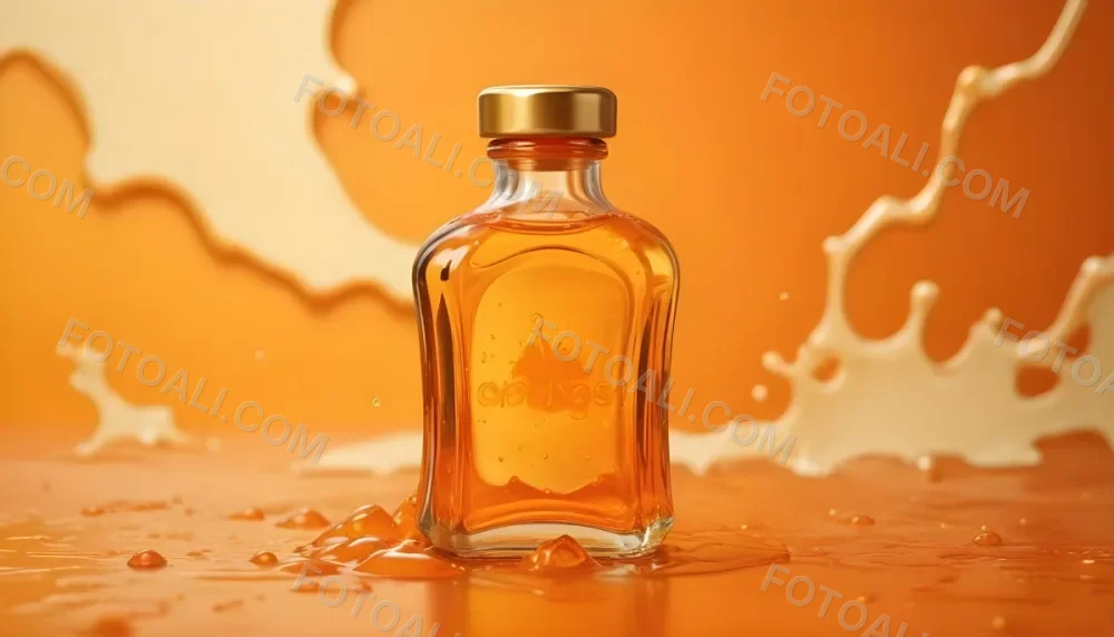 A Close Up Shot Of An Orange Glass Bottle With A Gold Cap Surrounded By Orange And Yellow Splashes Of Liquid Against A Blurred Orange Background 7 D4a3