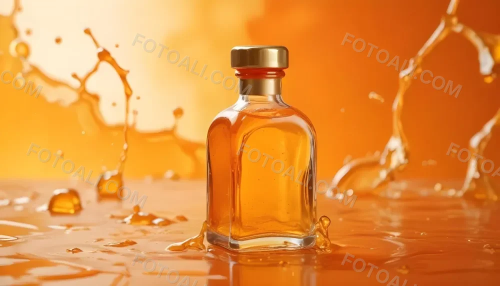A Close Up Shot Of An Orange Glass Bottle With A Gold Cap Surrounded By Orange And Yellow Splashes Of Liquid Against A Blurred Orange Background 8 6e73