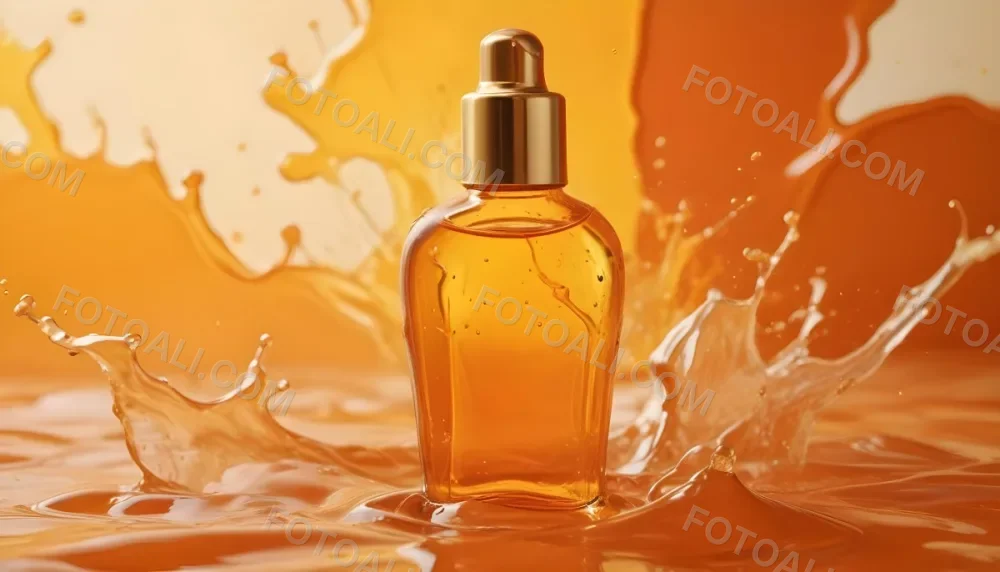 A Close Up Shot Of An Orange Glass Bottle With A Gold Cap Surrounded By Orange And Yellow Splashes Of Liquid Against A Blurred Orange Background 9 8531