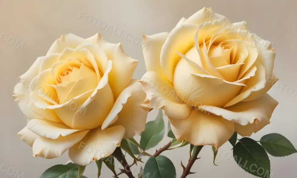 A Close Up Shot Of Two Light Yellow Roses With Soft Delicate Petals Set Against A Light Gradient Background 14 E375