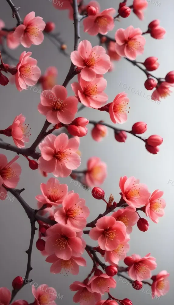 A Close Up View Of A Branch With Vibrant Red Plum Blossoms Against A Light Background The Flowers Have Delicate Petals And Are Clustered Together Creating A Beautiful And Lively Display 1 5710