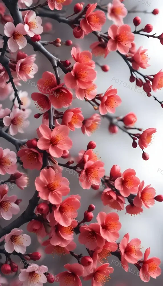 A Close Up View Of A Branch With Vibrant Red Plum Blossoms Against A Light Background The Flowers Have Delicate Petals And Are Clustered Together Creating A Beautiful And Lively Display 17 950b