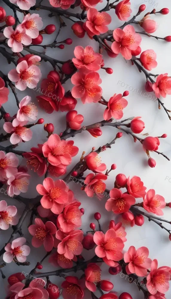 A Close Up View Of A Branch With Vibrant Red Plum Blossoms Against A Light Background The Flowers Have Delicate Petals And Are Clustered Together Creating A Beautiful And Lively Display 19 36d6