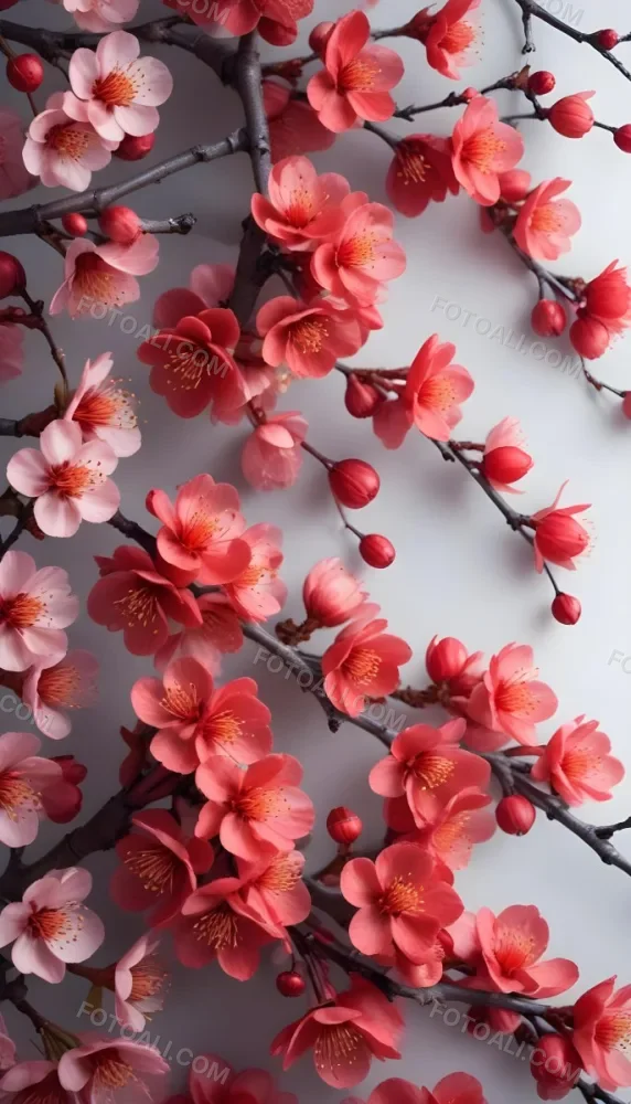 A Close Up View Of A Branch With Vibrant Red Plum Blossoms Against A Light Background The Flowers Have Delicate Petals And Are Clustered Together Creating A Beautiful And Lively Display 2 2e14