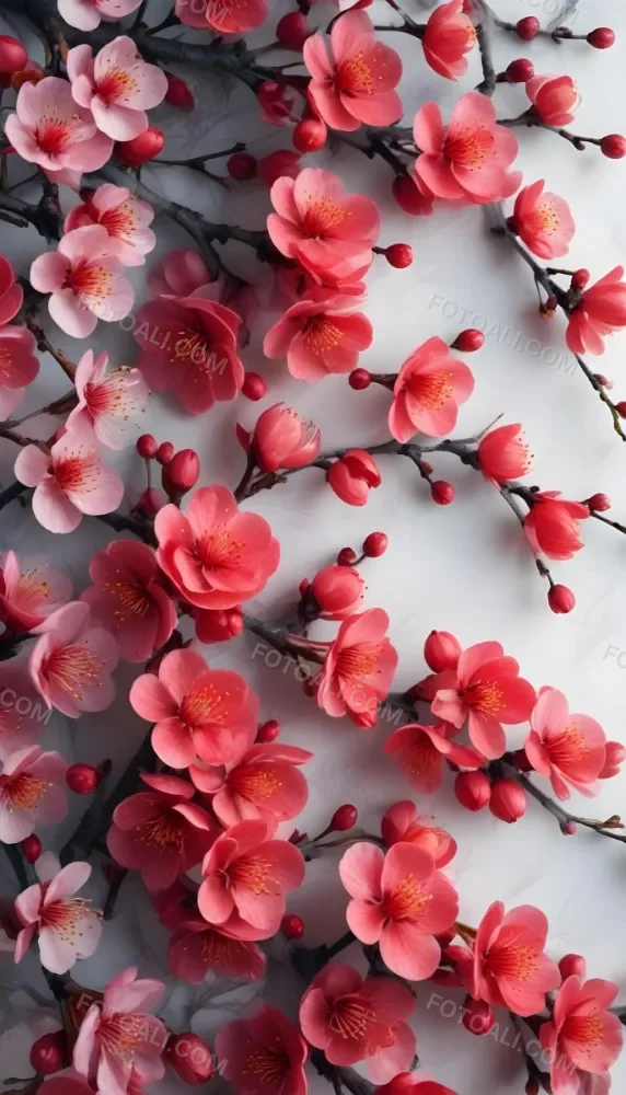 A Close Up View Of A Branch With Vibrant Red Plum Blossoms Against A Light Background The Flowers Have Delicate Petals And Are Clustered Together Creating A Beautiful And Lively Display 20 1fd9