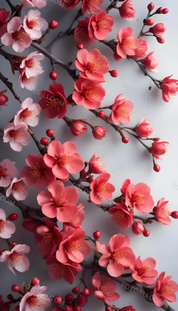 A Close Up View Of A Branch With Vibrant Red Plum Blossoms Against A Light Background The Flowers Have Delicate Petals And Are Clustered Together Creating A Beautiful And Lively Display 3 B39f