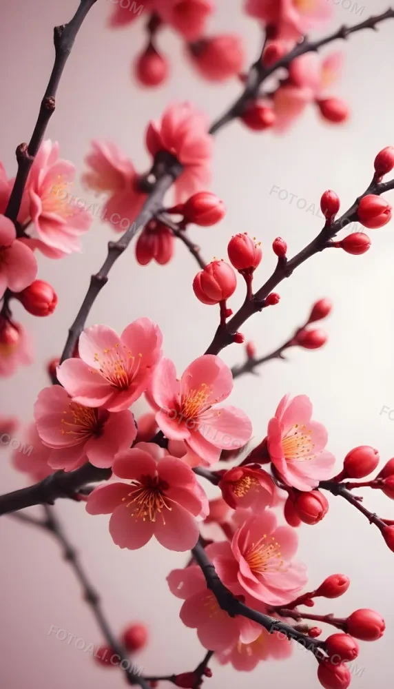 A Close Up View Of A Branch With Vibrant Red Plum Blossoms Against A Light Background The Flowers Have Delicate Petals And Are Clustered Together Creating A Beautiful And Lively Display 5 73a6