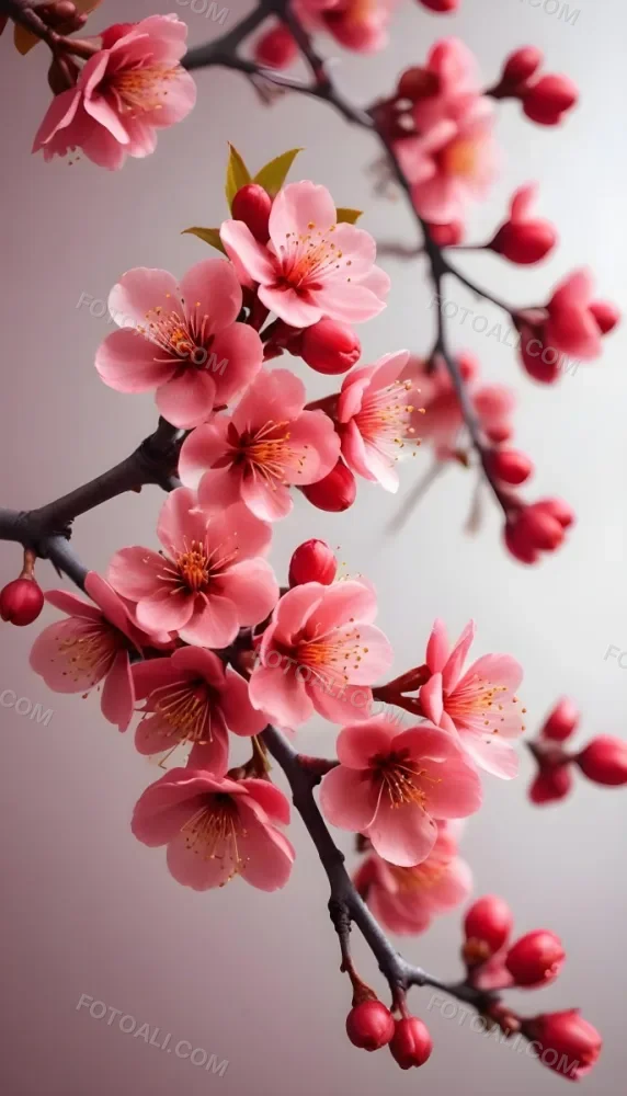 A Close Up View Of A Branch With Vibrant Red Plum Blossoms Against A Light Background The Flowers Have Delicate Petals And Are Clustered Together Creating A Beautiful And Lively Display 6 008a
