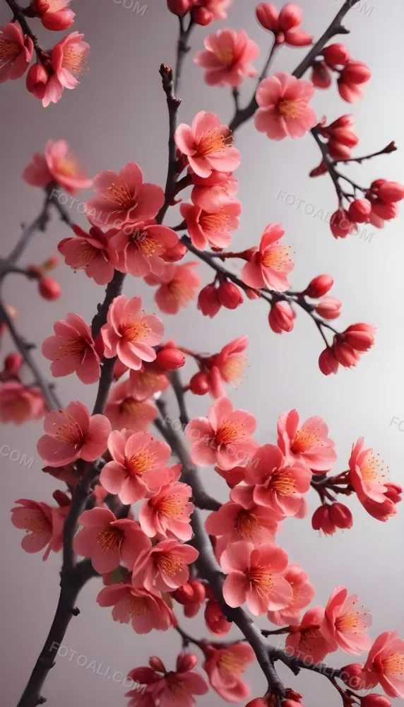 A Close Up View Of A Branch With Vibrant Red Plum Blossoms Against A Light Background The Flowers Have Delicate Petals And Are Clustered Together Creating A Beautiful And Lively Display 8 Aa33