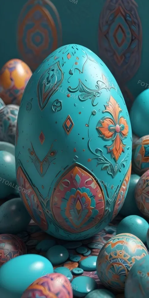 A Close Up View Of A Turquoise Colored Egg Shaped Object Surrounded By Various Colorful Patterns And Textures 8 F9ad