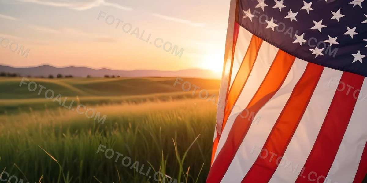 A Close Up View Of An American Flag Against A Scenic Sunset Landscape With A Grassy Field And A Bright Orange Sky 16 C3e3