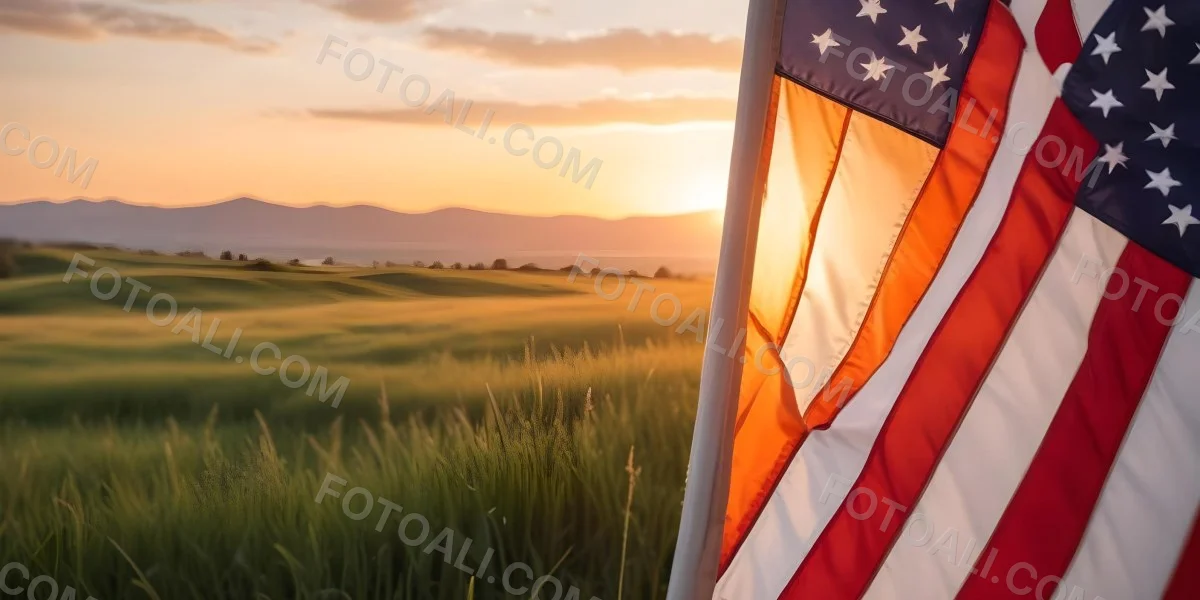 A Close Up View Of An American Flag Against A Scenic Sunset Landscape With A Grassy Field And A Bright Orange Sky 2 D032