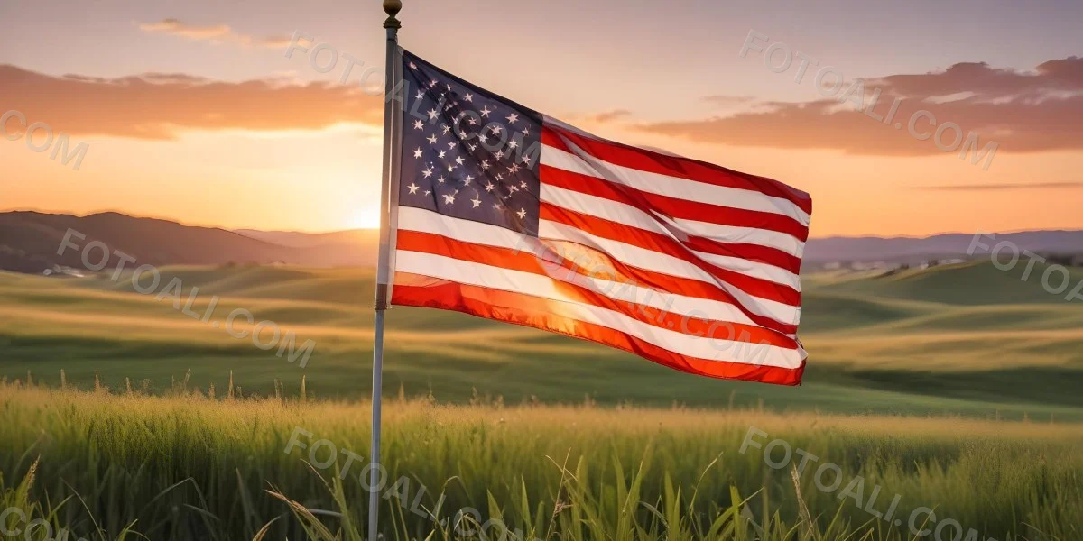 A Close Up View Of An American Flag Against A Scenic Sunset Landscape With A Grassy Field And A Bright Orange Sky 23 25bb