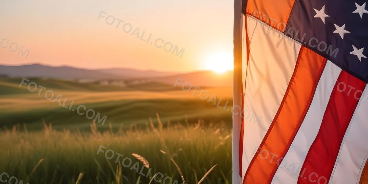 A Close Up View Of An American Flag Against A Scenic Sunset Landscape With A Grassy Field And A Bright Orange Sky 26 89a6