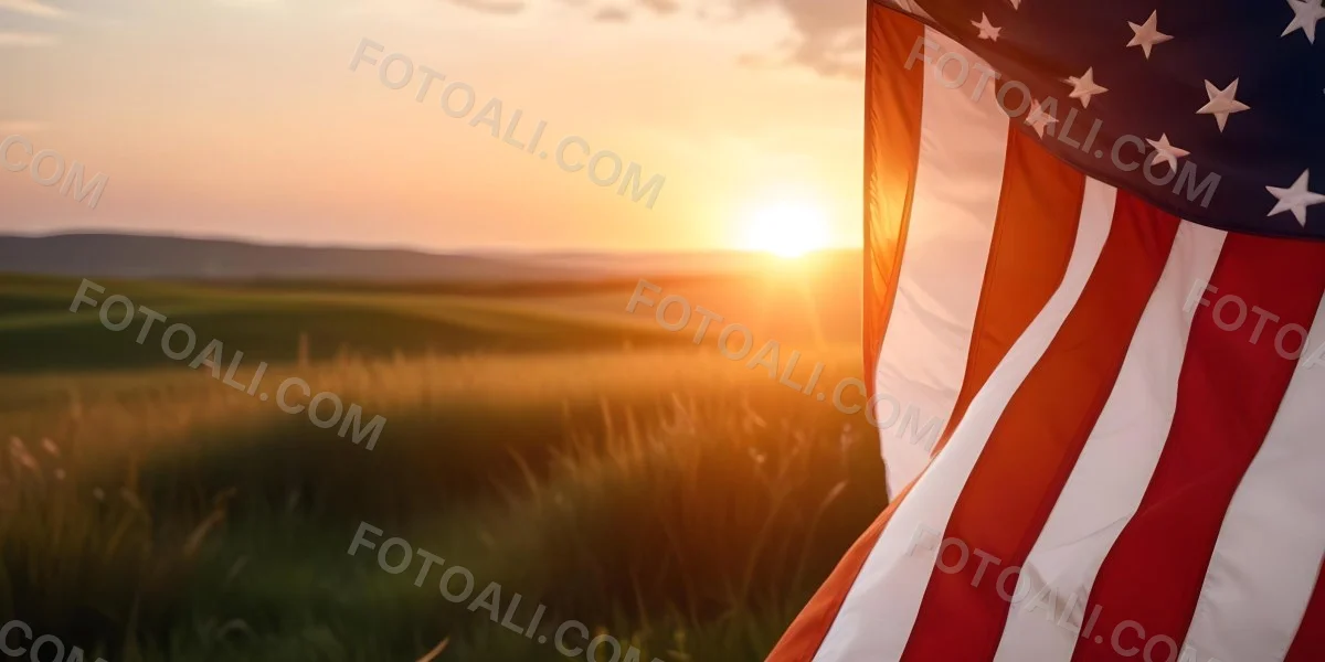 A Close Up View Of An American Flag Against A Scenic Sunset Landscape With A Grassy Field And A Bright Orange Sky 34 F80a