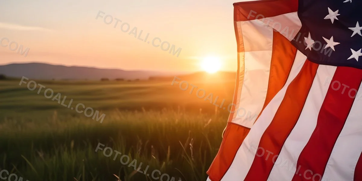 A Close Up View Of An American Flag Against A Scenic Sunset Landscape With A Grassy Field And A Bright Orange Sky 35 7e05