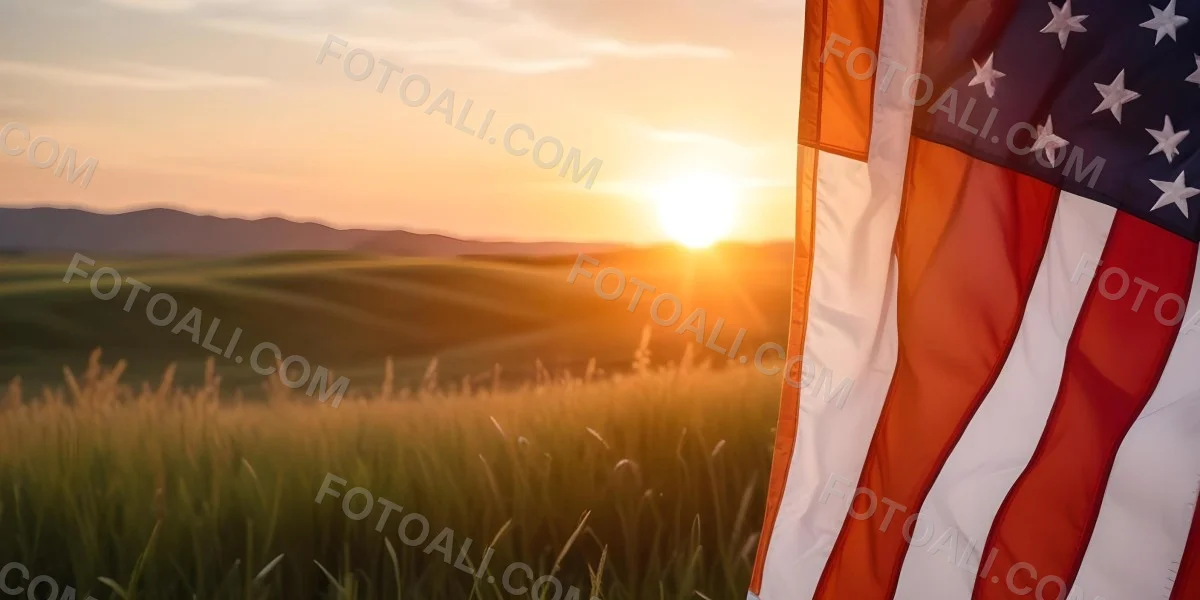 A Close Up View Of An American Flag Against A Scenic Sunset Landscape With A Grassy Field And A Bright Orange Sky 36 D429