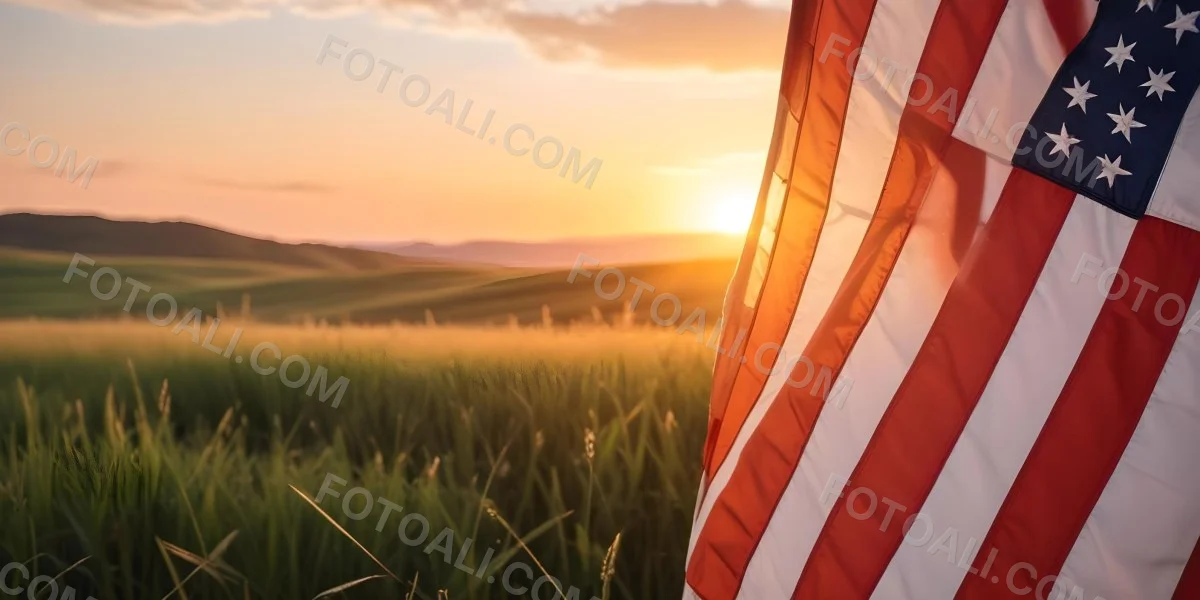 A Close Up View Of An American Flag Against A Scenic Sunset Landscape With A Grassy Field And A Bright Orange Sky 37 Fe27