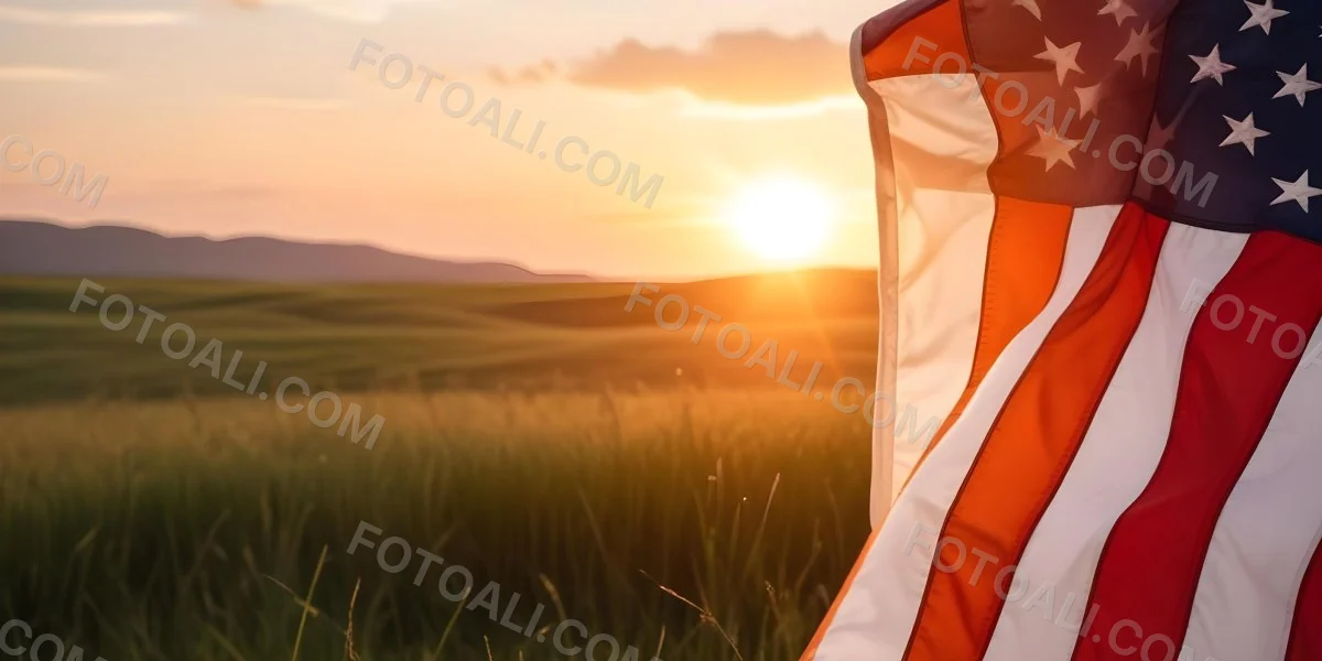 A Close Up View Of An American Flag Against A Scenic Sunset Landscape With A Grassy Field And A Bright Orange Sky 38 B91e