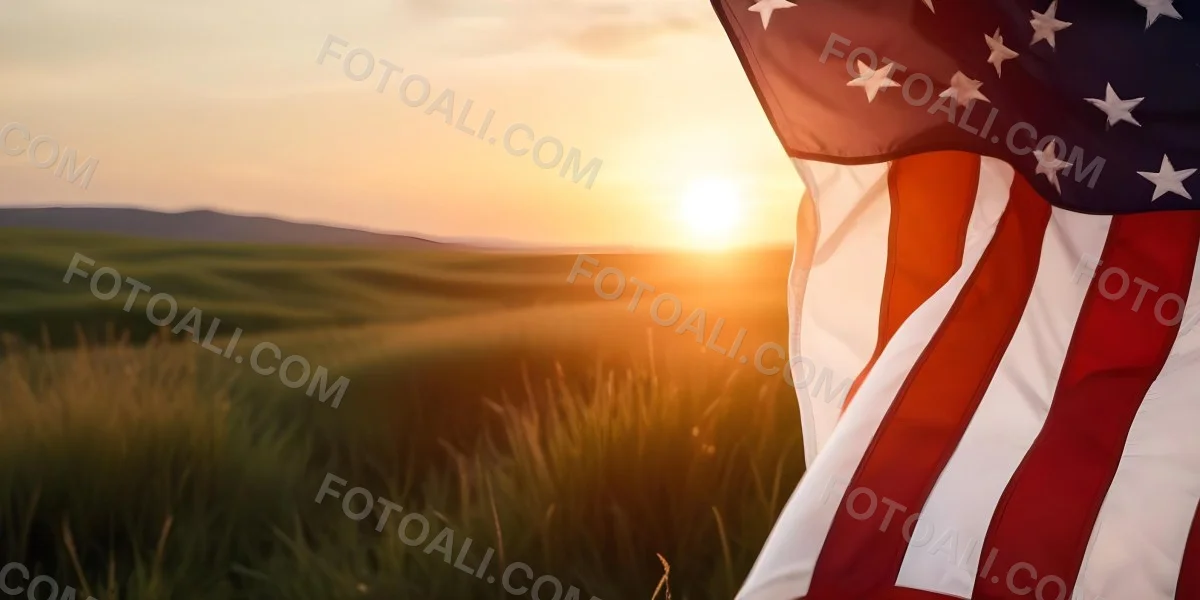 A Close Up View Of An American Flag Against A Scenic Sunset Landscape With A Grassy Field And A Bright Orange Sky 39 F504