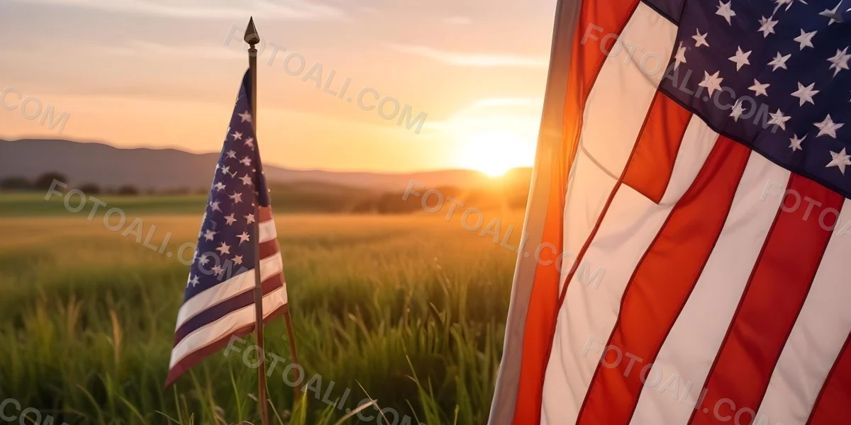 A Close Up View Of An American Flag Against A Scenic Sunset Landscape With A Grassy Field And A Bright Orange Sky 4 17fd