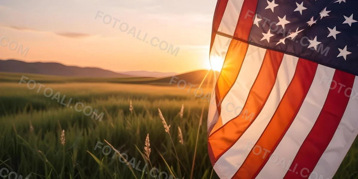 A Close Up View Of An American Flag Against A Scenic Sunset Landscape With A Grassy Field And A Bright Orange Sky 5 Ed78