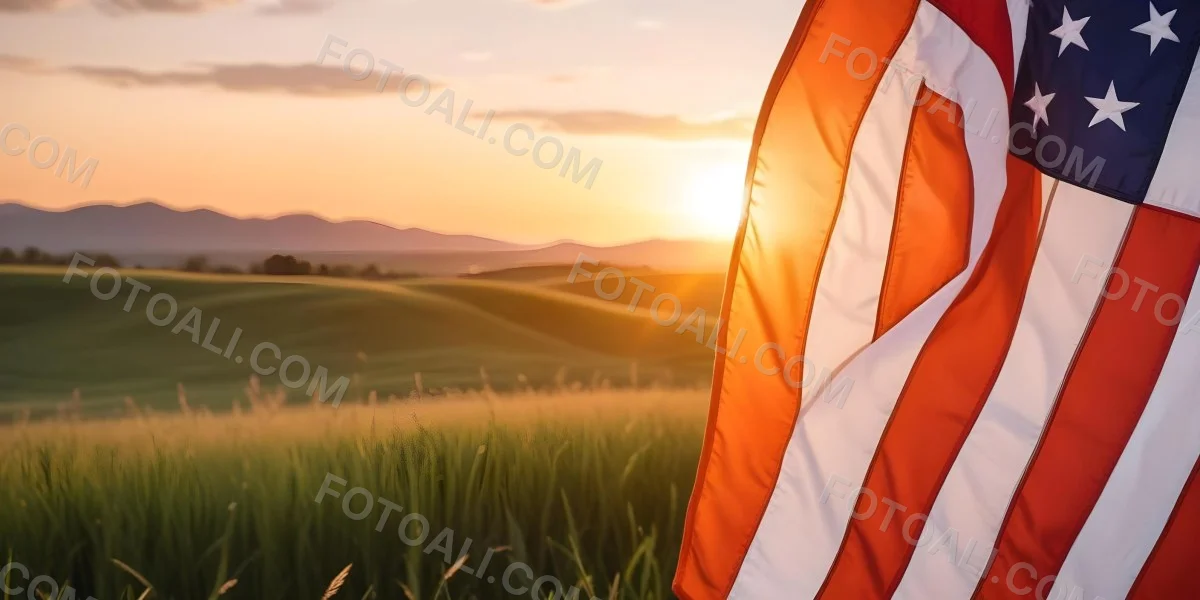 A Close Up View Of An American Flag Against A Scenic Sunset Landscape With A Grassy Field And A Bright Orange Sky 6 F3df