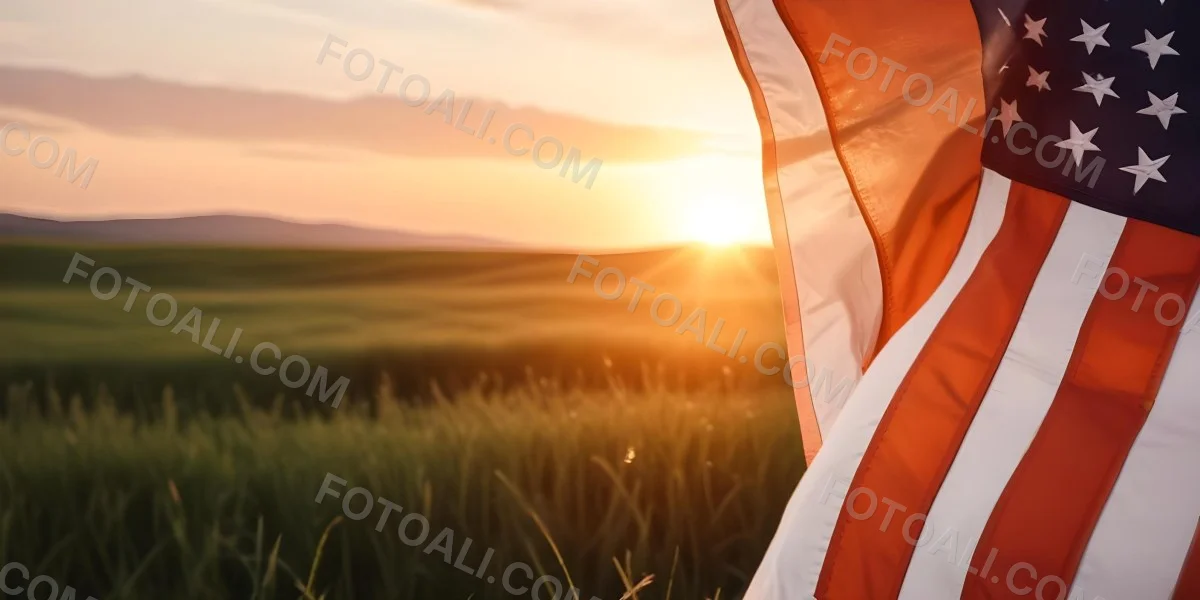 A Close Up View Of An American Flag Against A Scenic Sunset Landscape With A Grassy Field And A Bright Orange Sky 8 2714