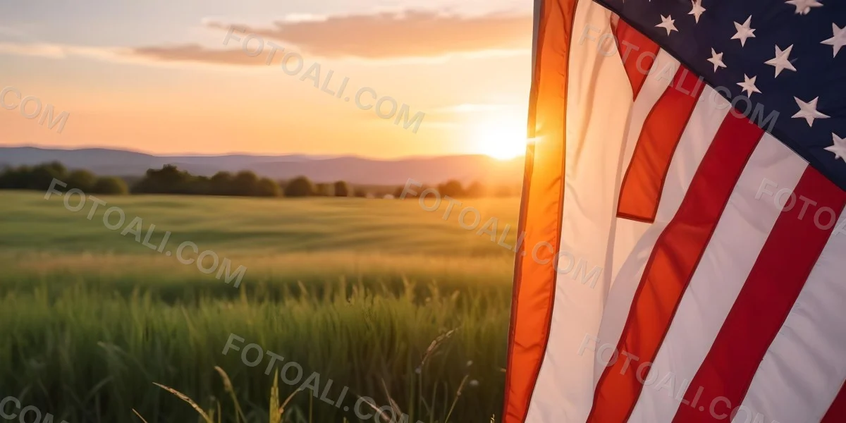 A Close Up View Of An American Flag Against A Scenic Sunset Landscape With A Grassy Field And A Bright Orange Sky 9 E8c6