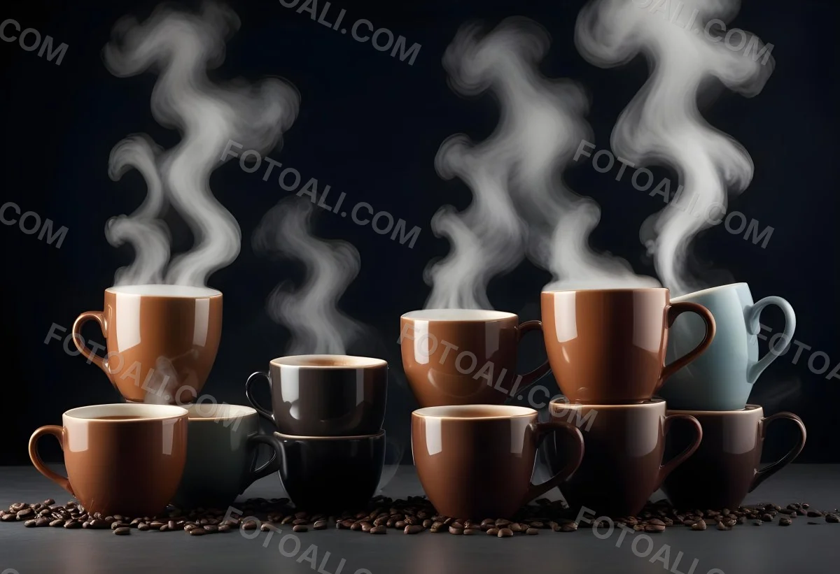 A Collection Of Coffee Mugs And Cups With Steam Rising From Them Set Against A Dark Background 4