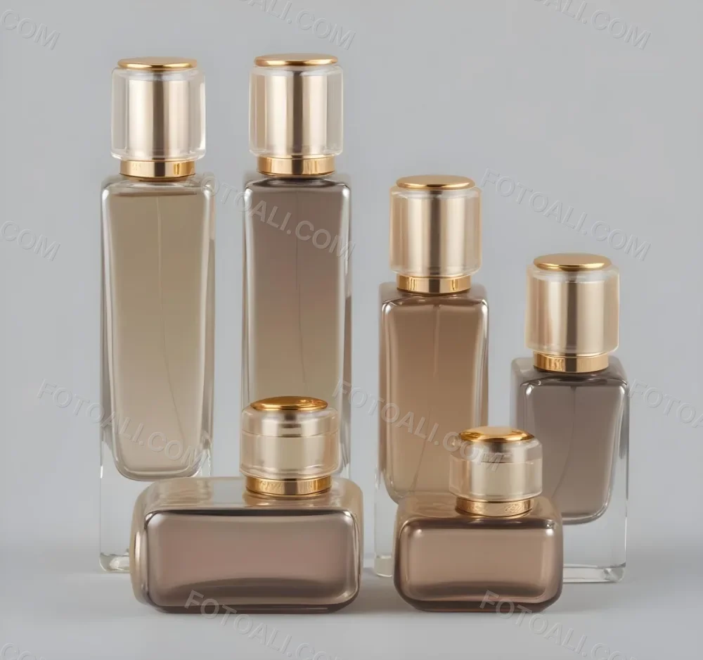 A Collection Of Luxury Glass Perfume Bottles With Gold Colored Caps And Accents Arranged On A Gray Background 11 0a70