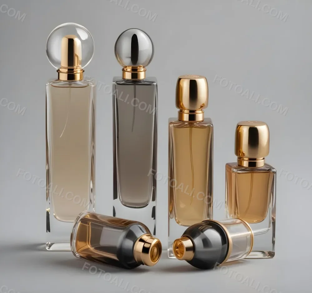 A Collection Of Luxury Glass Perfume Bottles With Gold Colored Caps And Accents Arranged On A Gray Background 14 63ca