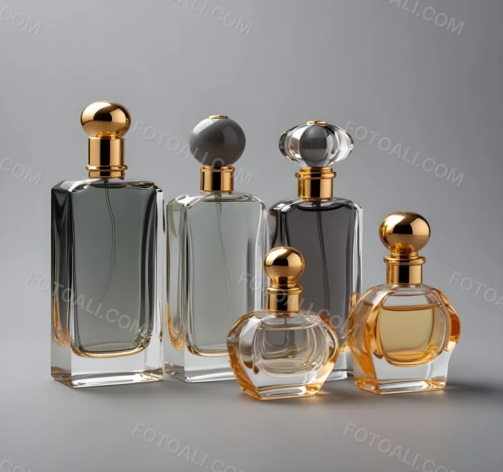A Collection Of Luxury Glass Perfume Bottles With Gold Colored Caps And Accents Arranged On A Gray Background 17 F6dd