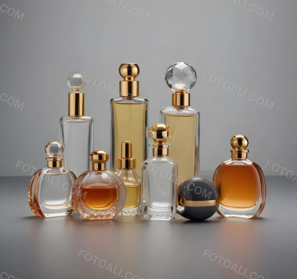 A Collection Of Luxury Glass Perfume Bottles With Gold Colored Caps And Accents Arranged On A Gray Background 2 Cedc